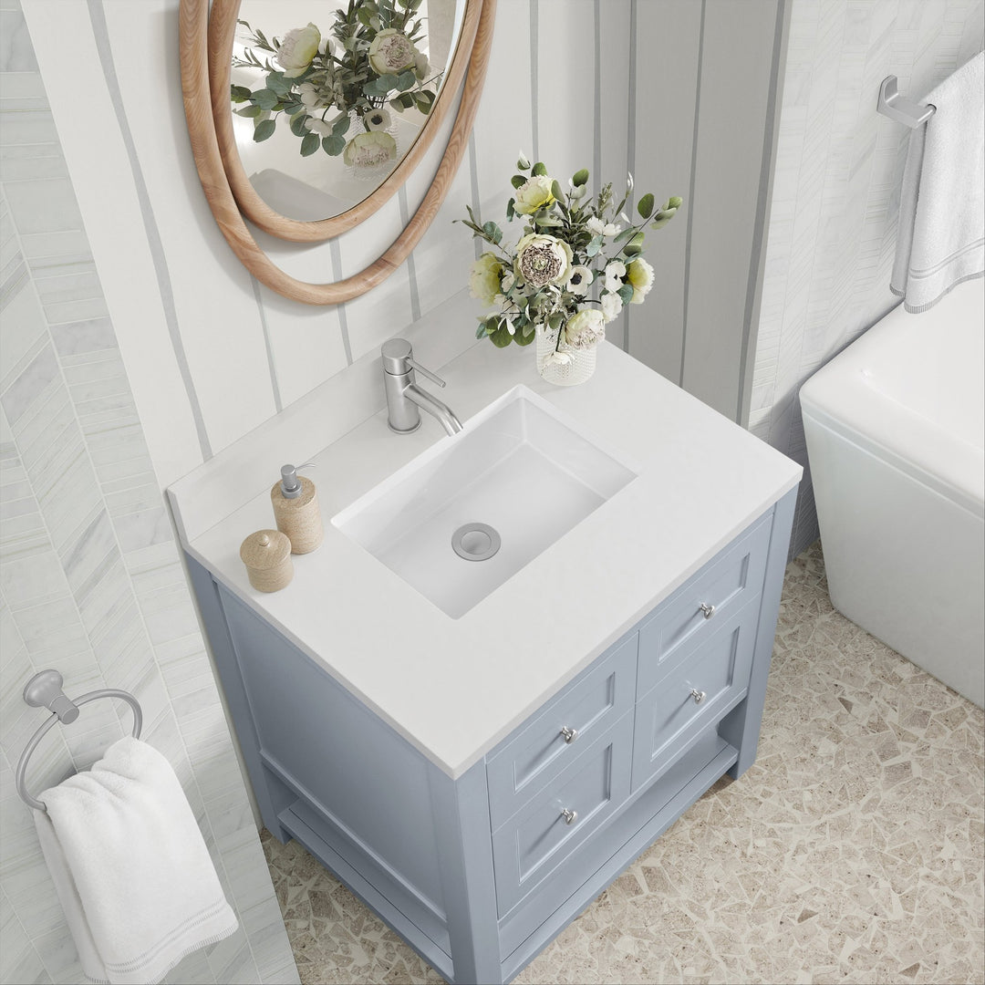 Breckenridge 30" Single Vanity, Serenity Blue, w/ Single Hole 3 CM White Zeus Quartz Top & Backsplash