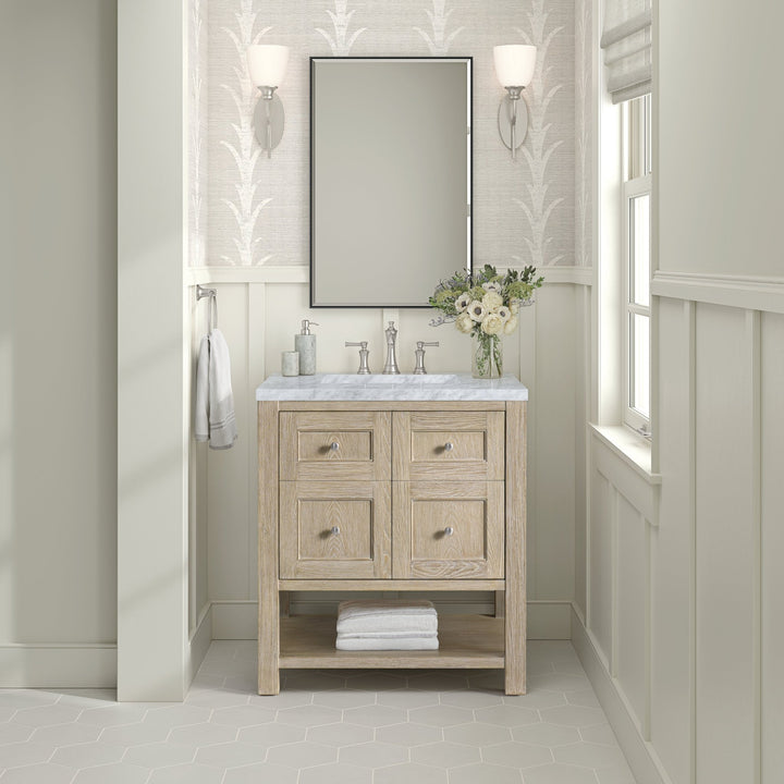 Breckenridge 30" Single Vanity, Whitewashed Oak w/ 3 CM Carrara White Marble Top