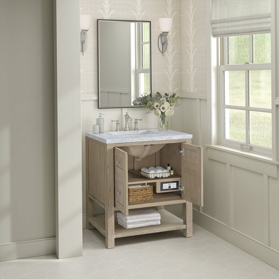 Breckenridge 30" Single Vanity, Whitewashed Oak w/ 3 CM Carrara White Marble Top