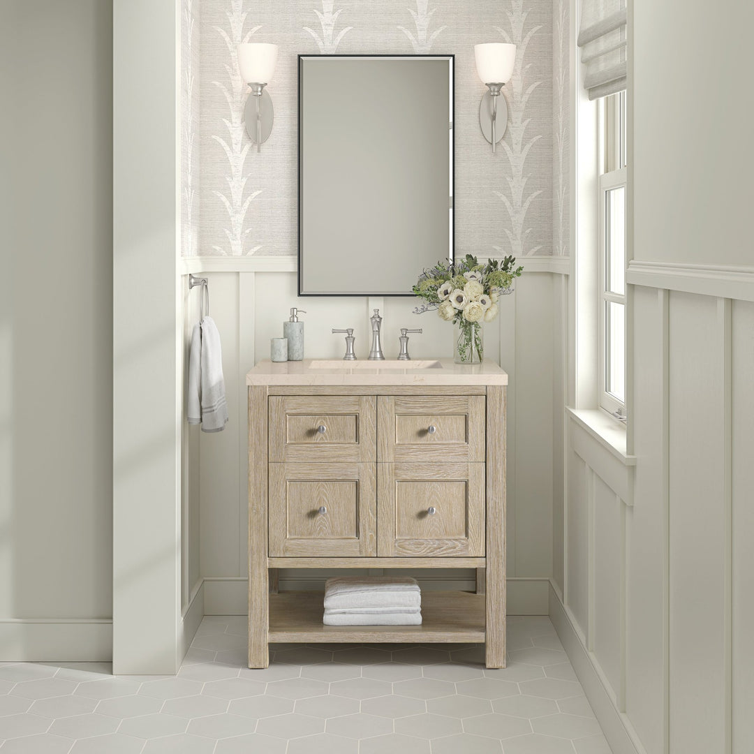 Breckenridge 30" Single Vanity, Whitewashed Oak w/ 3 CM Eternal Marfil Silestone Top