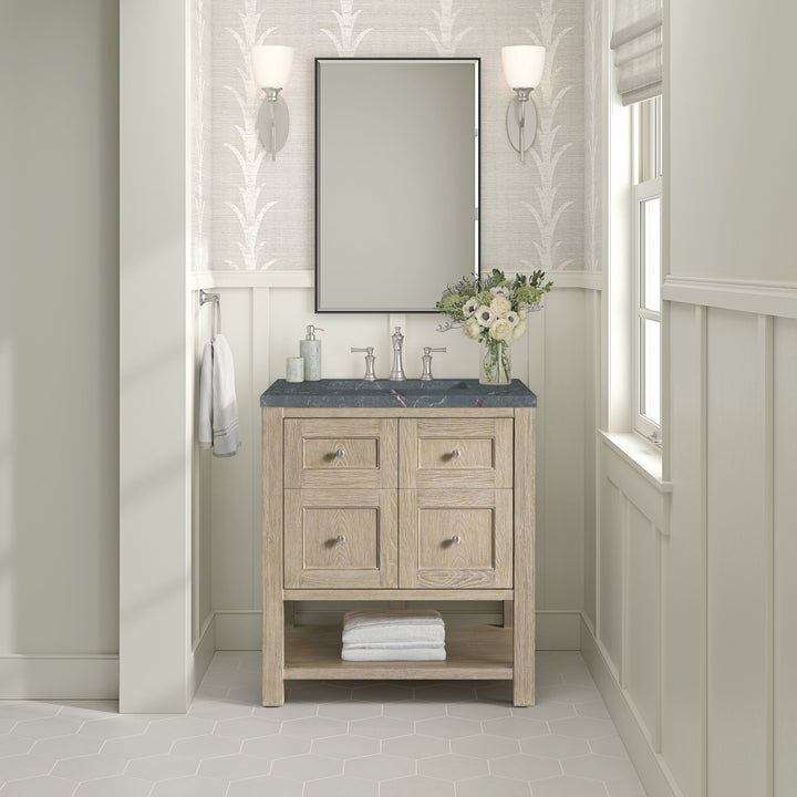Breckenridge 30" Single Vanity, Whitewashed Oak w/ 3 CM Parisien Bleu Silestone Top