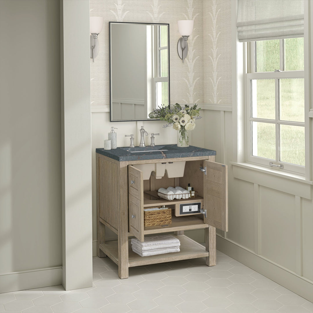 Breckenridge 30" Single Vanity, Whitewashed Oak w/ 3 CM Parisien Bleu Silestone Top