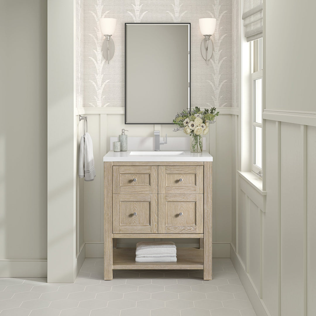 Breckenridge 30" Single Vanity, Whitewashed Oak w/ Single Hole 3CM White Zeus Silestone Top & Backsplash