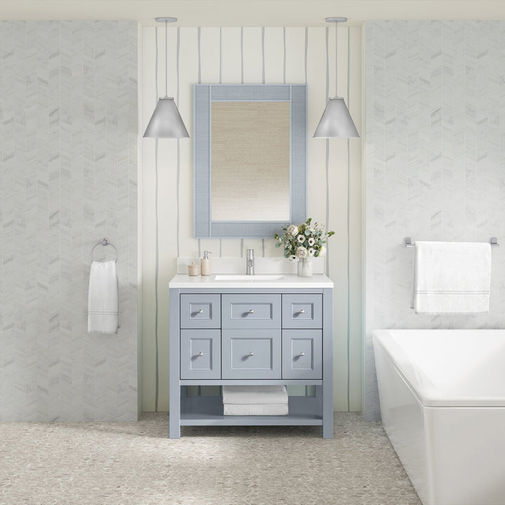 Breckenridge 36" Single Vanity, Serenity Blue, w/ Single Hole 3 CM White Zeus Quartz Top & Backsplash