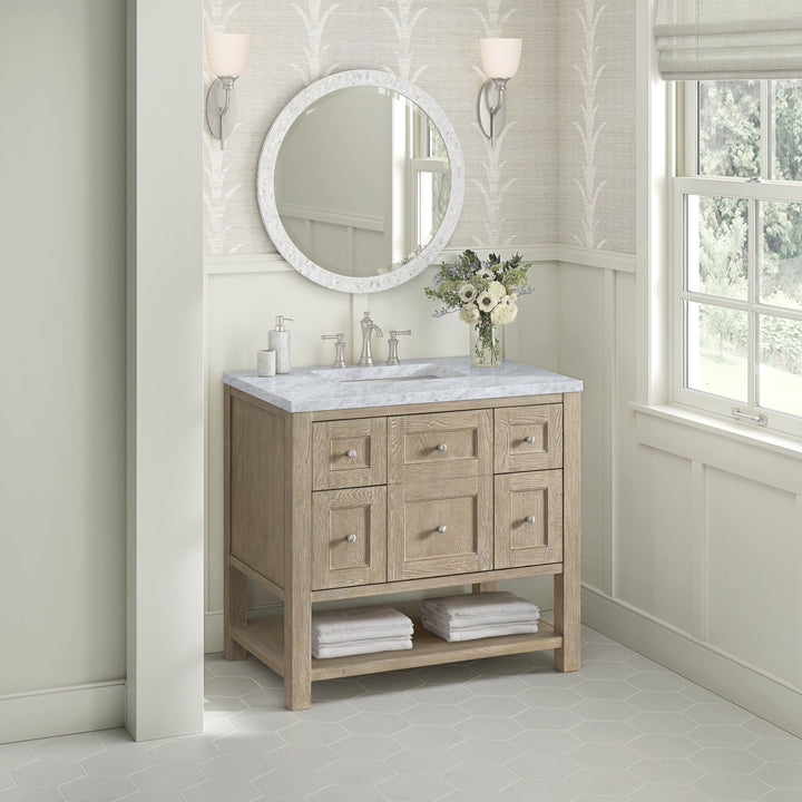 Breckenridge 36" Single Vanity, Whitewashed Oak w/ 3 CM Carrara White Marble Top
