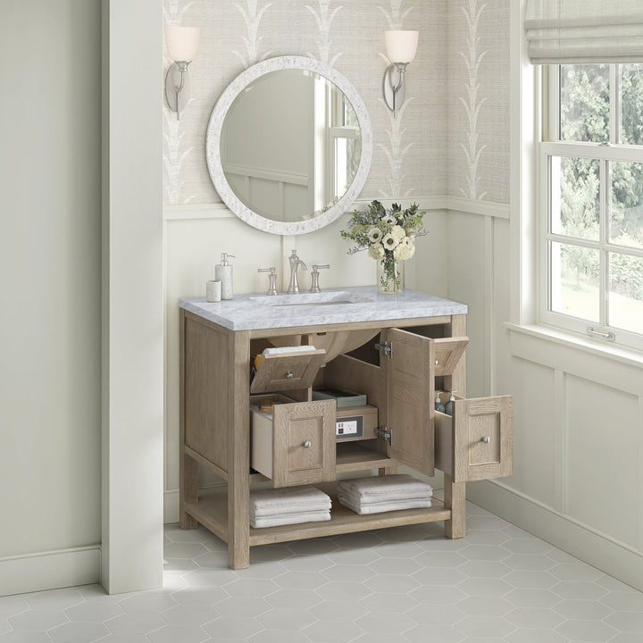 Breckenridge 36" Single Vanity, Whitewashed Oak w/ 3 CM Carrara White Marble Top