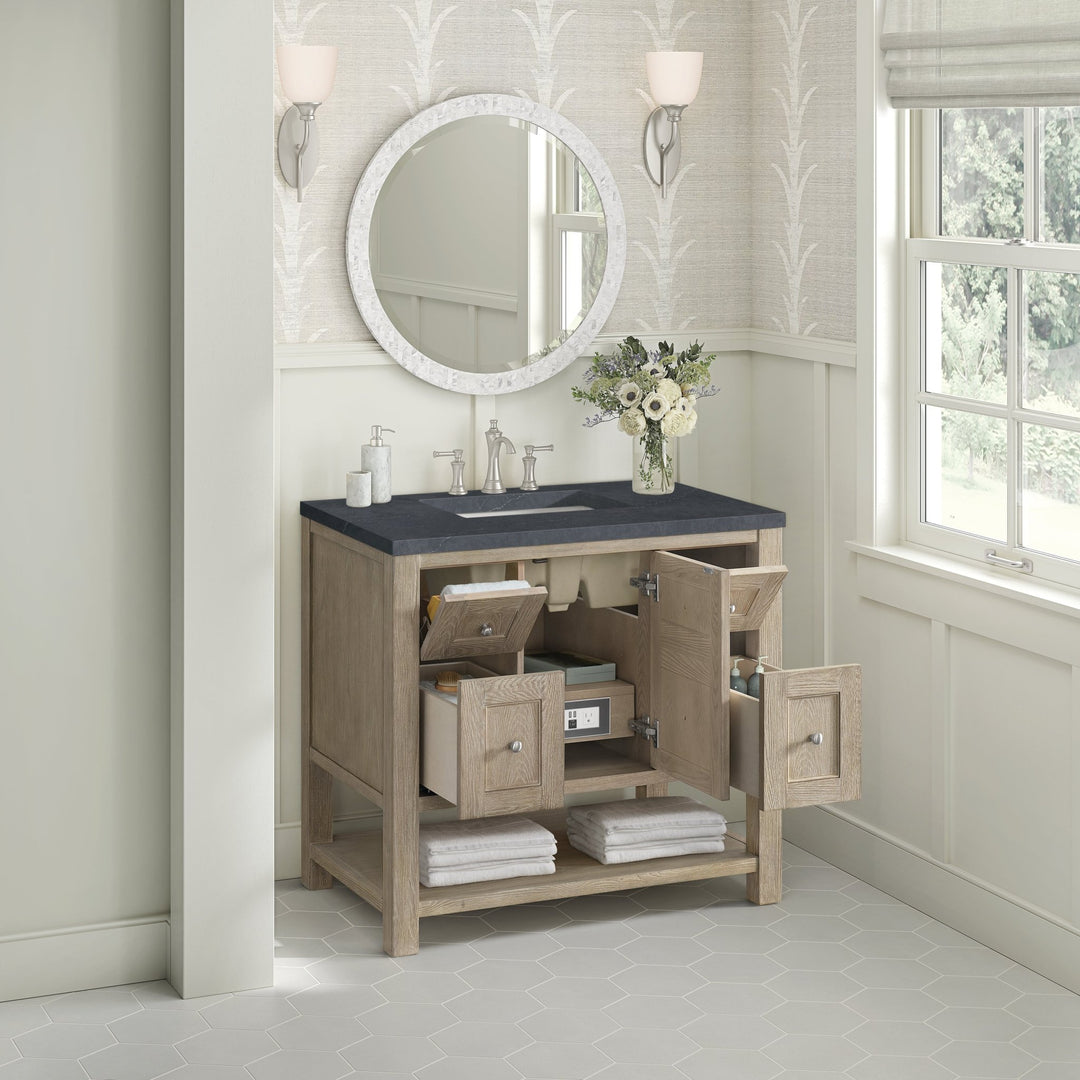 Breckenridge 36" Single Vanity, Whitewashed Oak w/ 3 CM Charcoal Soapstone Silestone Top