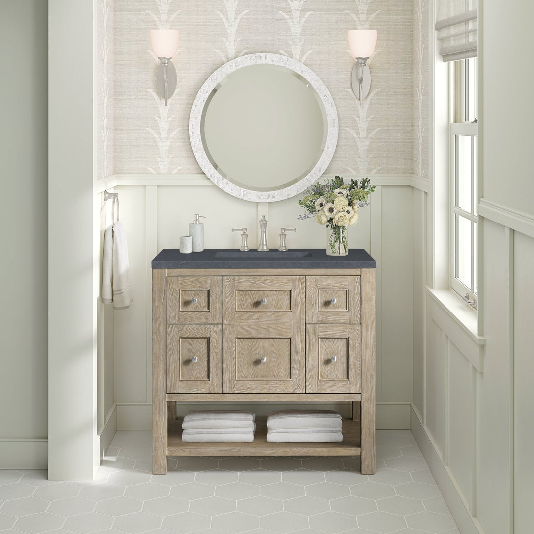 Breckenridge 36" Single Vanity, Whitewashed Oak w/ 3 CM Charcoal Soapstone Silestone Top