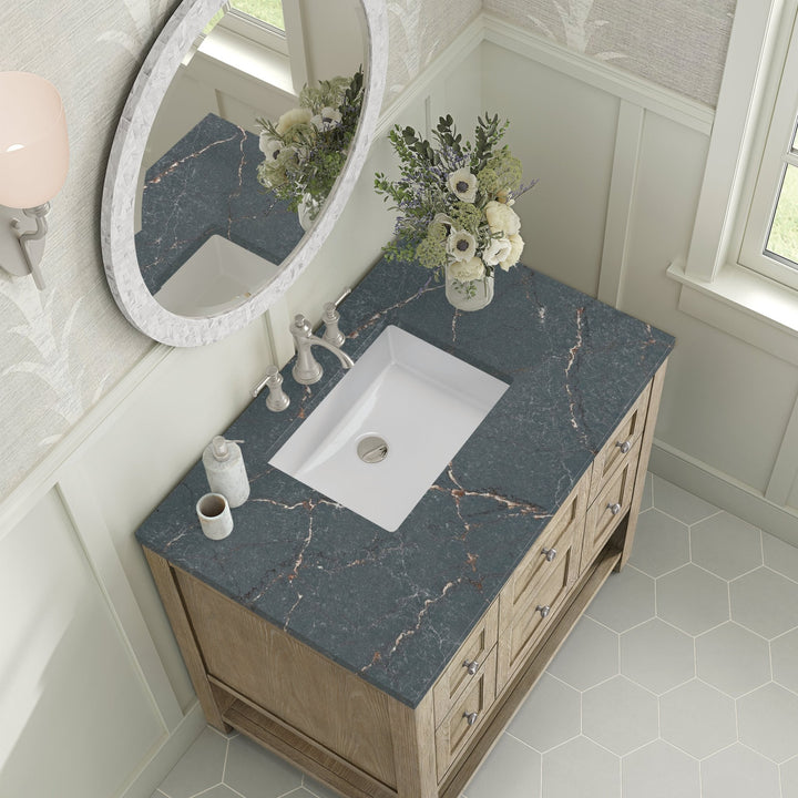 Breckenridge 36" Single Vanity, Whitewashed Oak w/ 3 CM Parisien Bleu Silestone Top