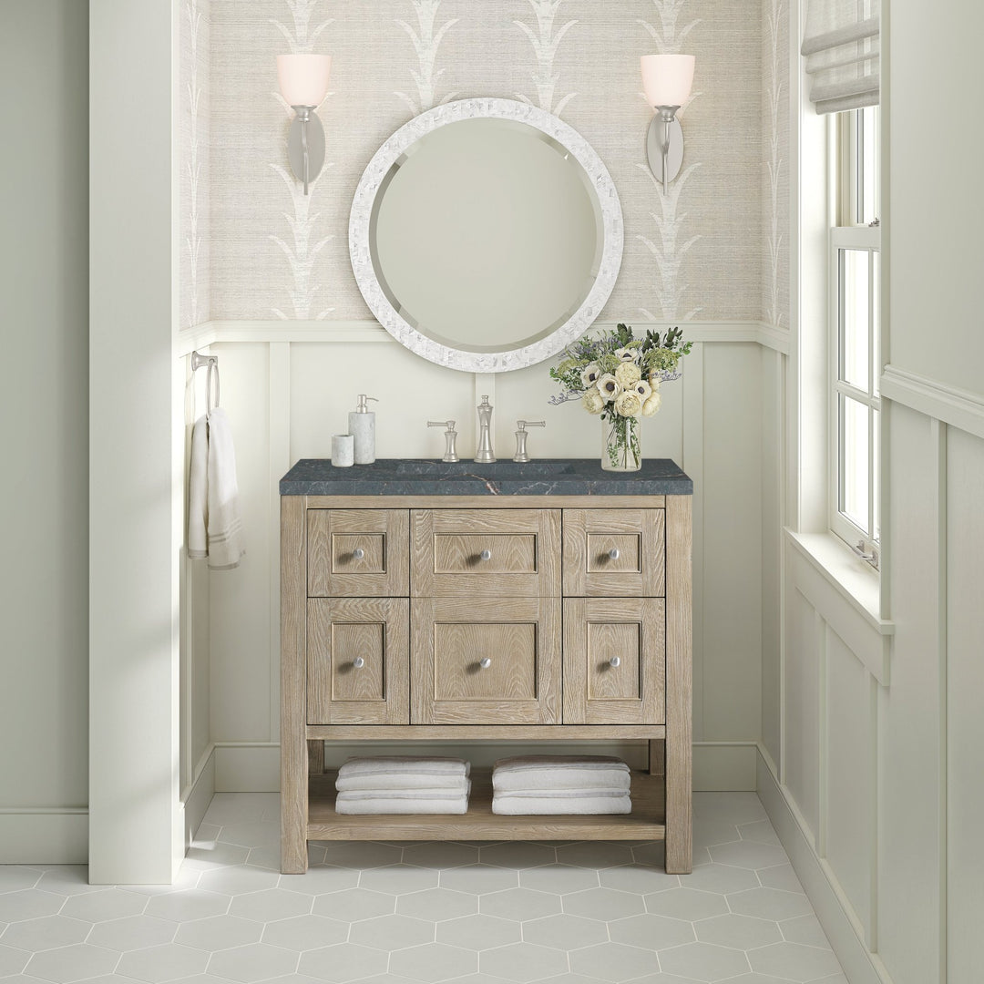 Breckenridge 36" Single Vanity, Whitewashed Oak w/ 3 CM Parisien Bleu Silestone Top