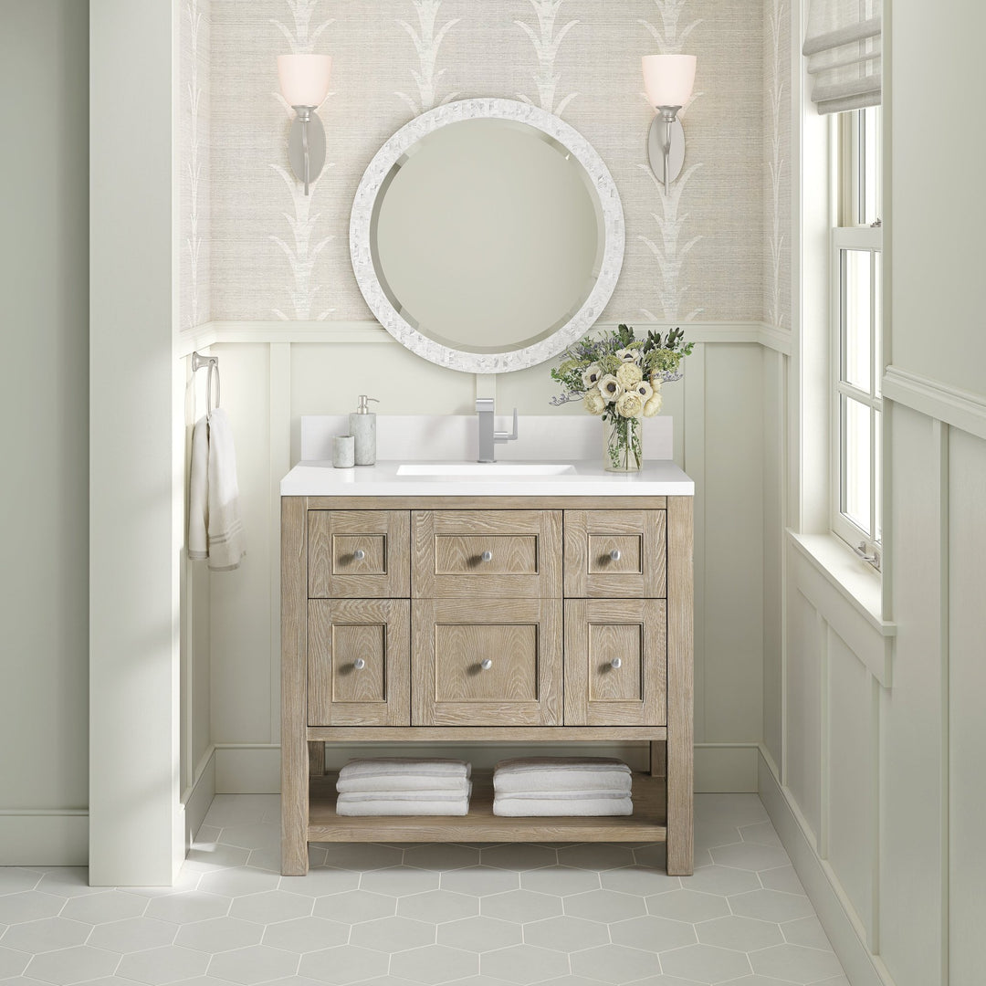 Breckenridge 36" Single Vanity, Whitewashed Oak w/ Single Hole 3CM White Zeus Silestone Top & Backsplash