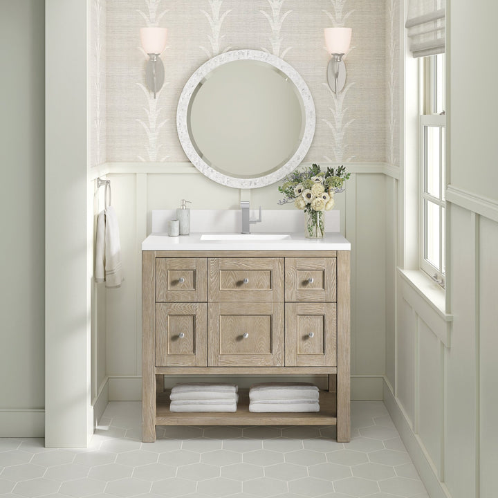 Breckenridge 36" Single Vanity, Whitewashed Oak w/ Single Hole 3CM White Zeus Silestone Top & Backsplash
