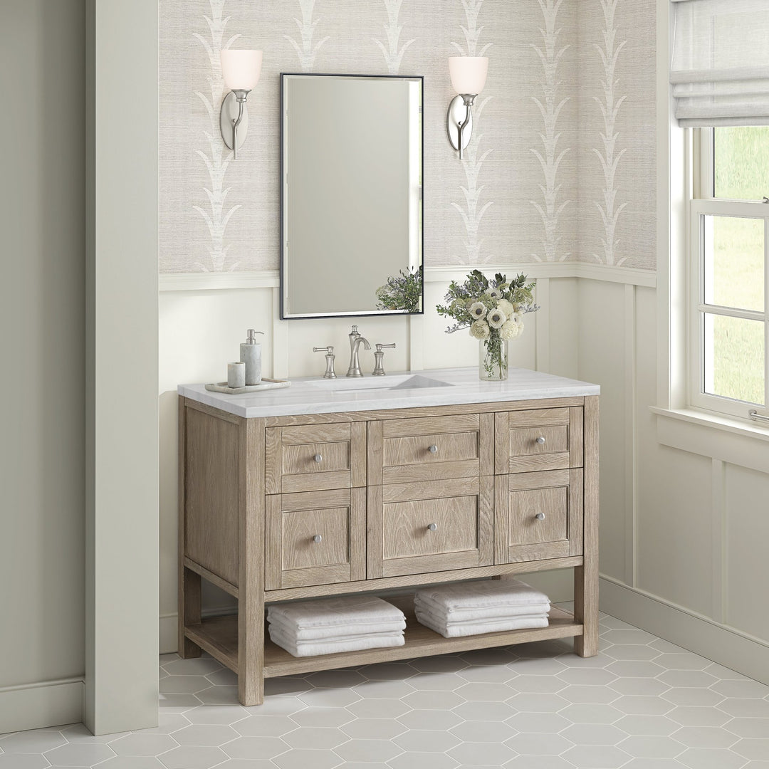 Breckenridge 48" Single Vanity, Whitewashed Oak w/ 3 CM Arctic Fall Solid Surface Top