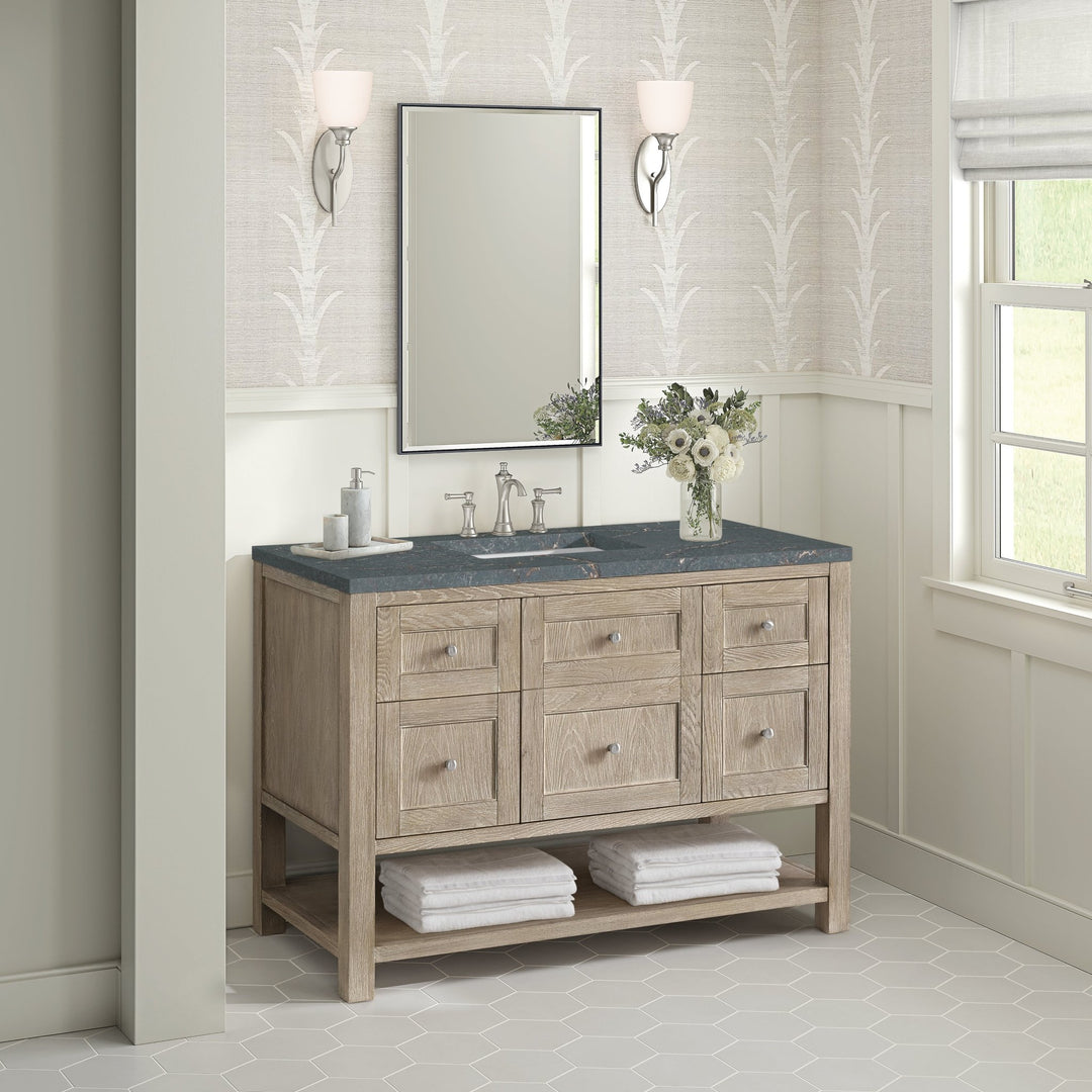 Breckenridge 48" Single Vanity, Whitewashed Oak w/ 3 CM Parisien Bleu Silestone Top w/FreePower Wireless Charger