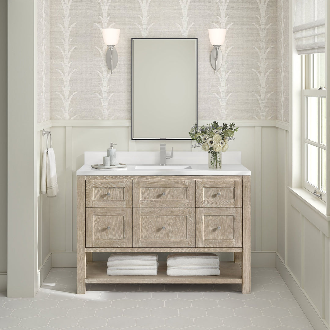 Breckenridge 48" Single Vanity, Whitewashed Oak w/ Single Hole 3CM White Zeus Silestone Top & Backsplash