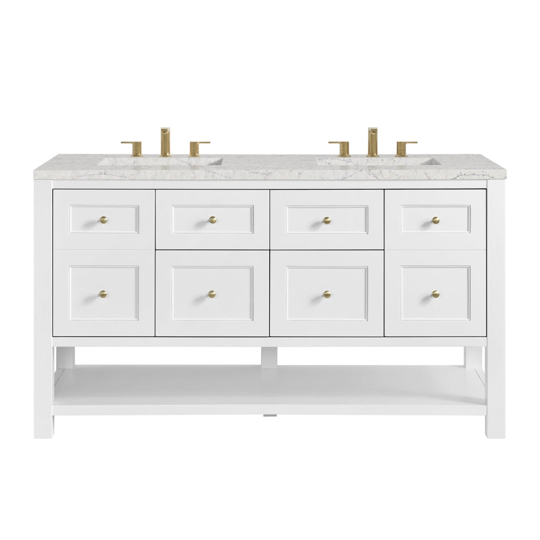 Breckenridge 60" Double Vanity, Bright White, w/ 3 CM Eternal Jasmine Pearl Quartz Top w/FreePower Wireless Charger