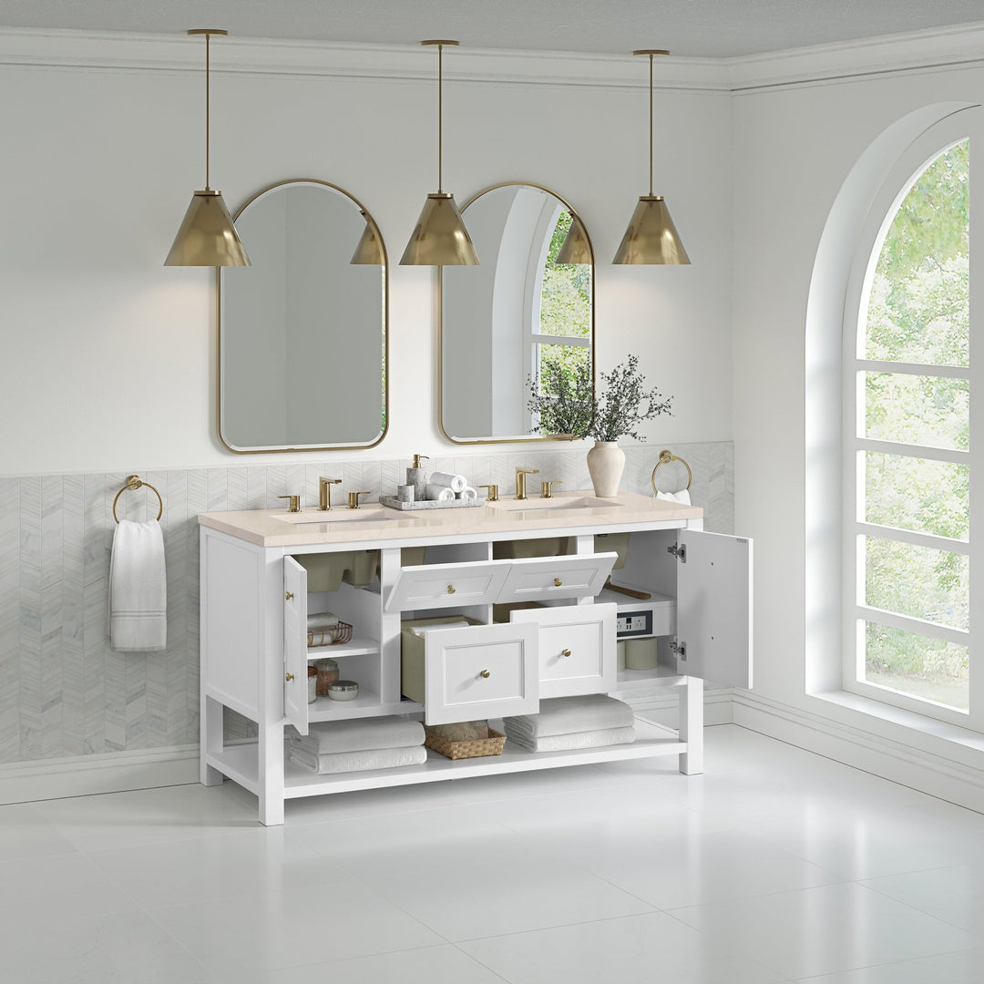 Breckenridge 60" Double Vanity, Bright White, w/ 3 CM Eternal Marfil Quartz Top
