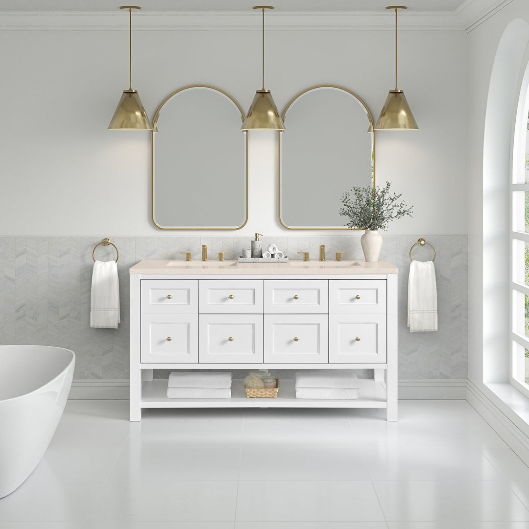 Breckenridge 60" Double Vanity, Bright White, w/ 3 CM Eternal Marfil Quartz Top