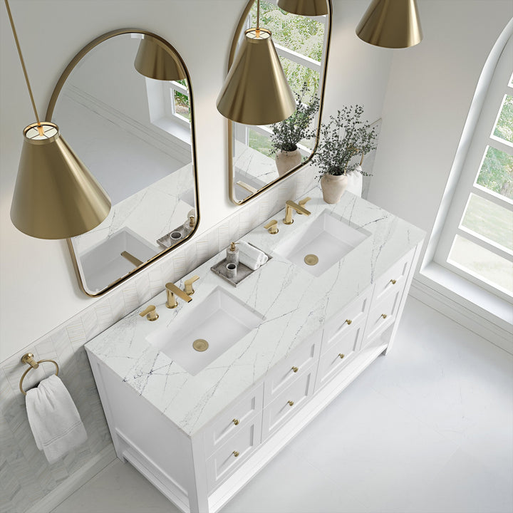 Breckenridge 60" Double Vanity, Bright White, w/ 3 CM Ethereal Noctis Quartz Top w/FreePower Wireless Charger