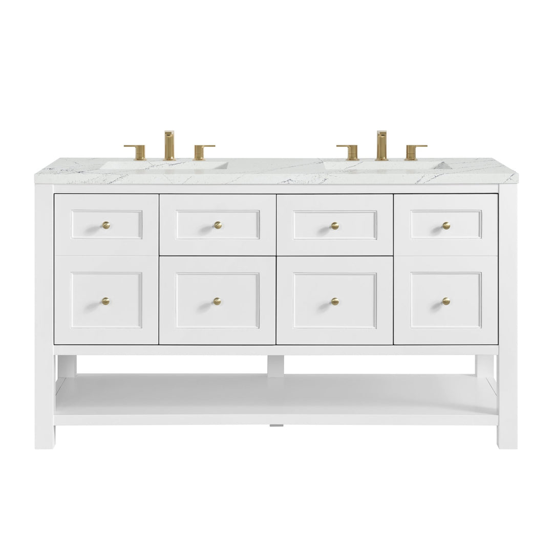 Breckenridge 60" Double Vanity, Bright White, w/ 3 CM Ethereal Noctis Quartz Top w/FreePower Wireless Charger