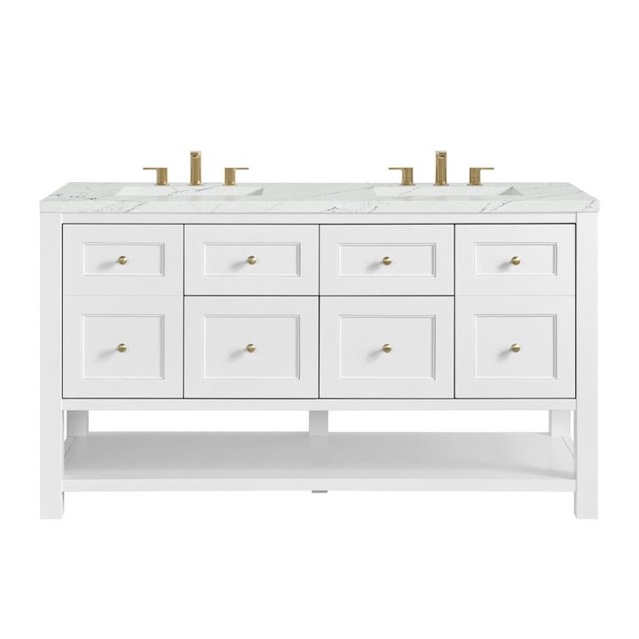 Breckenridge 60" Double Vanity, Bright White, w/ 3 CM Ethereal Noctis Quartz Top w/FreePower Wireless Charger