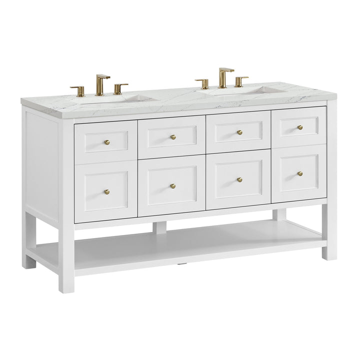 Breckenridge 60" Double Vanity, Bright White, w/ 3 CM Ethereal Noctis Quartz Top w/FreePower Wireless Charger