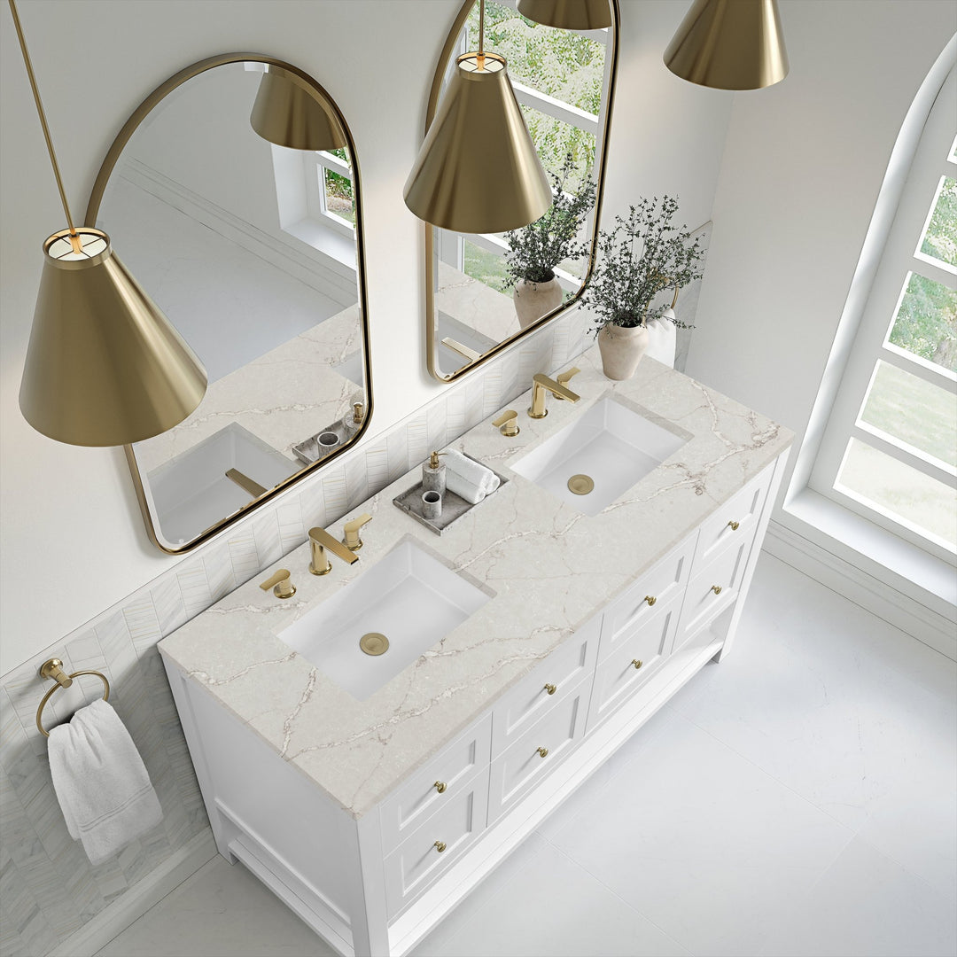 Breckenridge 60" Double Vanity, Bright White, w/ 3 CM Victorian Silver Quartz Top