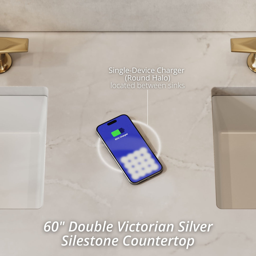 Breckenridge 60" Double Vanity, Bright White, w/ 3 CM Victorian Silver Quartz Top w/FreePower Wireless Charger