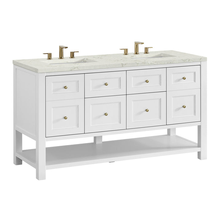 Breckenridge 60" Double Vanity, Bright White, w/ 3 CM Victorian Silver Quartz Top w/FreePower Wireless Charger