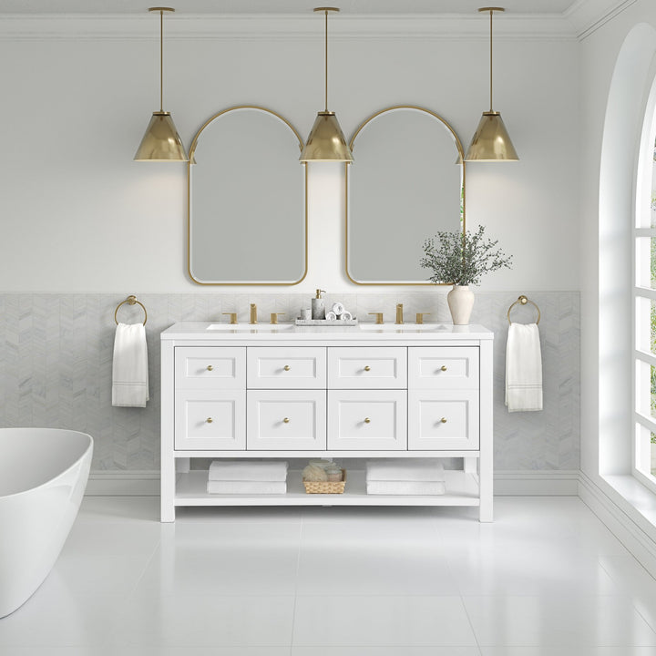 Breckenridge 60" Double Vanity, Bright White, w/ 3 CM White Zeus Quartz Top