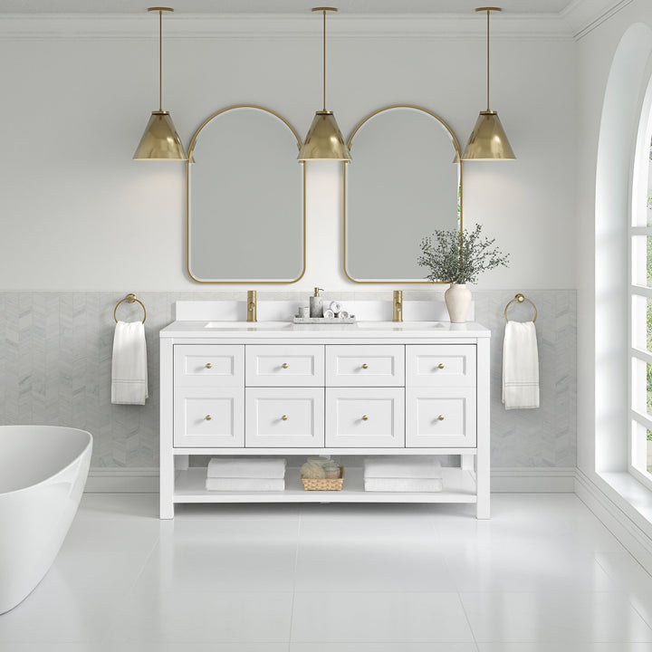 Breckenridge 60" Double Vanity, Bright White, w/ Single Hole 3 CM White Zeus Quartz Top & Backsplash