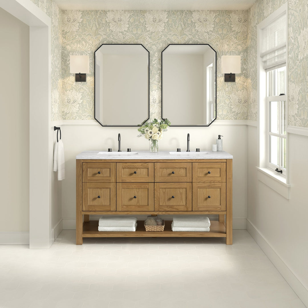 Breckenridge 60" Double Vanity, Light Natural Oak, w/ 3 CM Arctic Fall Solid Surface Top
