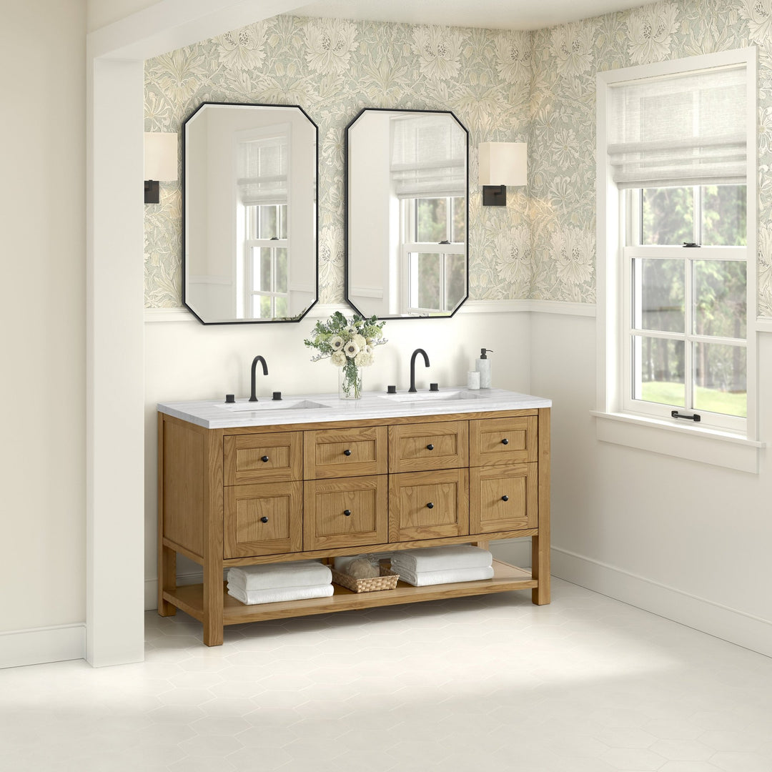Breckenridge 60" Double Vanity, Light Natural Oak, w/ 3 CM Arctic Fall Solid Surface Top