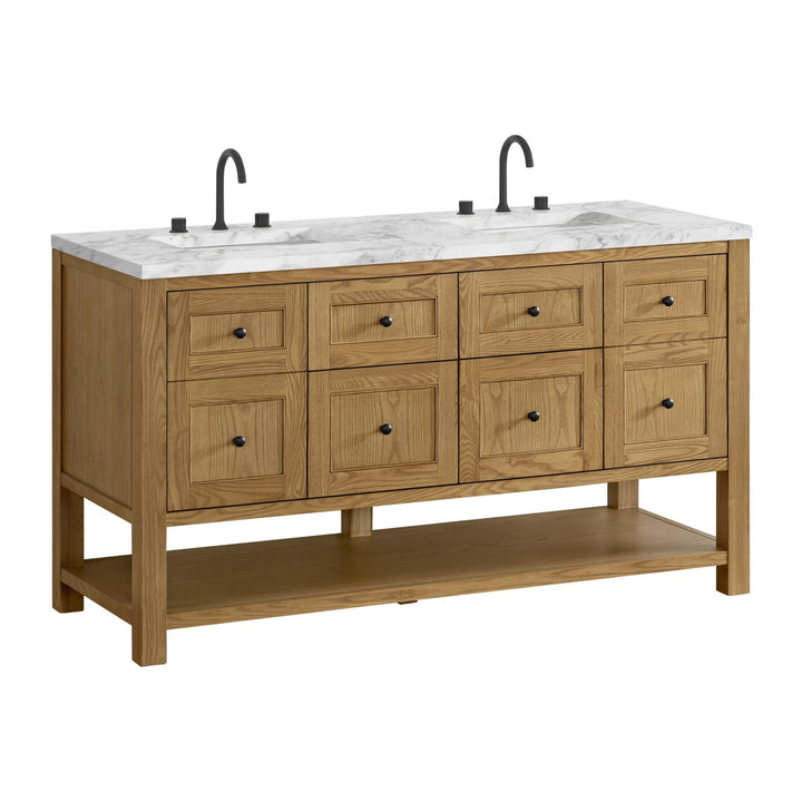 Breckenridge 60" Double Vanity, Light Natural Oak, w/ 3 CM Carrara Marble Top