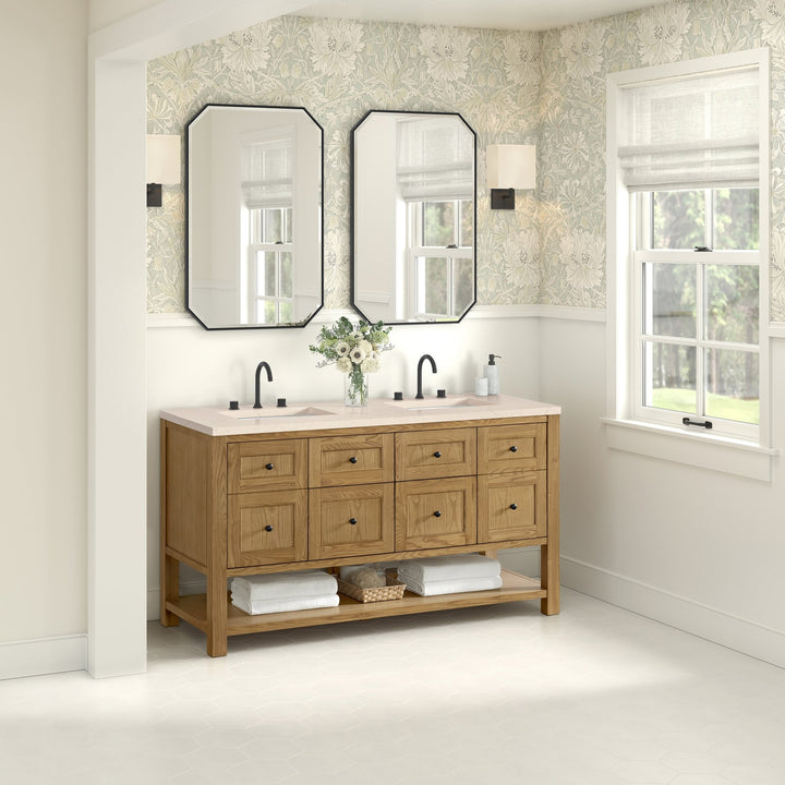 Breckenridge 60" Double Vanity, Light Natural Oak, w/ 3 CM Eternal Marfil Quartz Top