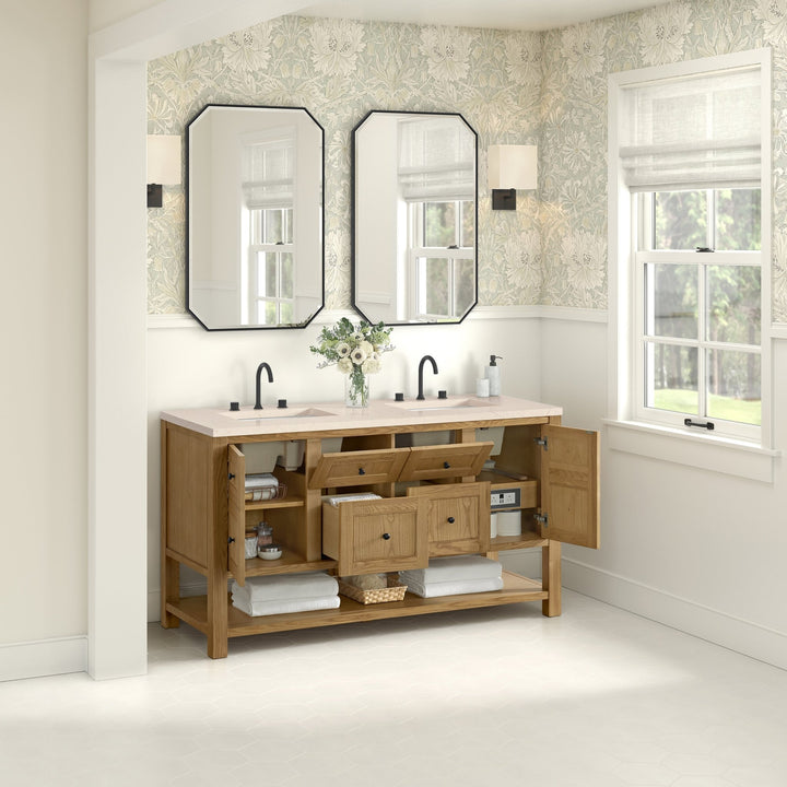 Breckenridge 60" Double Vanity, Light Natural Oak, w/ 3 CM Eternal Marfil Quartz Top