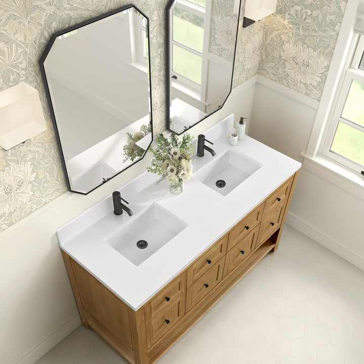 Breckenridge 60" Double Vanity, Light Natural Oak, w/ Single Hole 3 CM White Zeus Quartz Top & Backsplash
