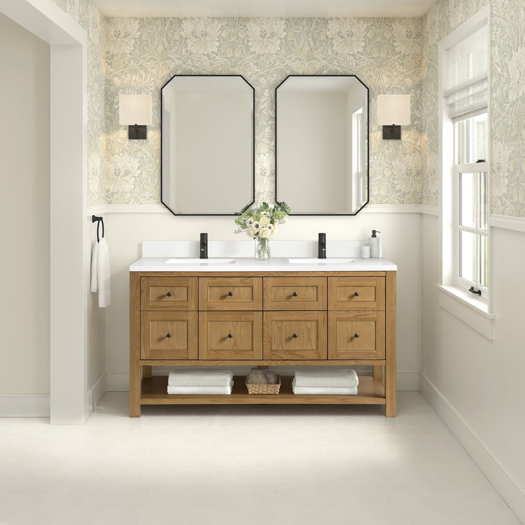 Breckenridge 60" Double Vanity, Light Natural Oak, w/ Single Hole 3 CM White Zeus Quartz Top & Backsplash