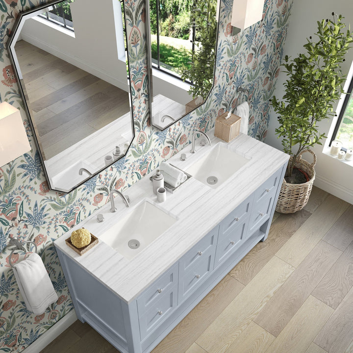 Breckenridge 60" Double Vanity, Serenity Blue, w/ 3 CM Arctic Fall Solid Surface Top