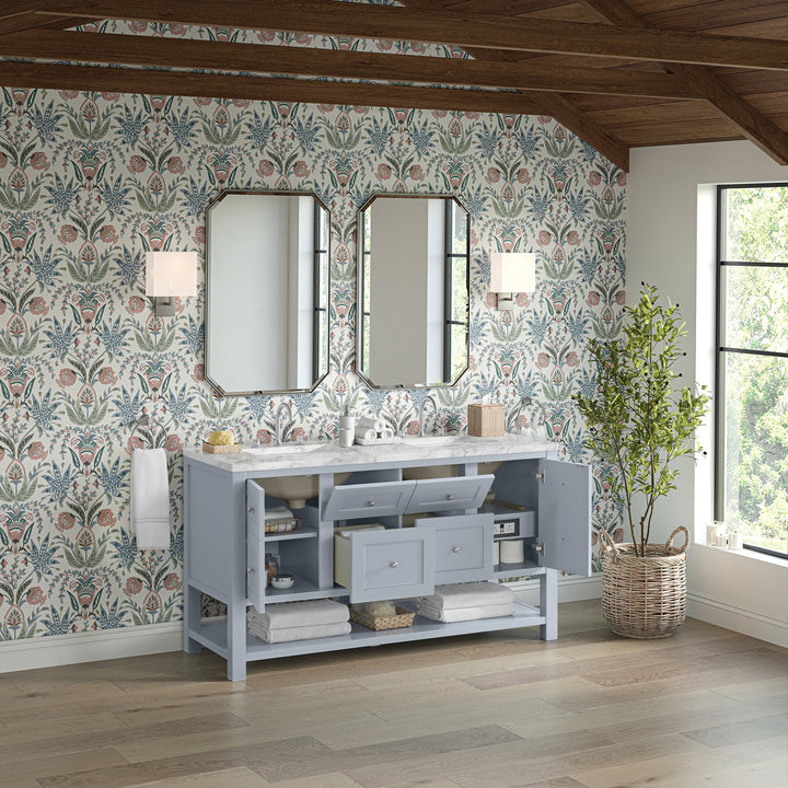 Breckenridge 60" Double Vanity, Serenity Blue, w/ 3 CM Carrara Marble Top