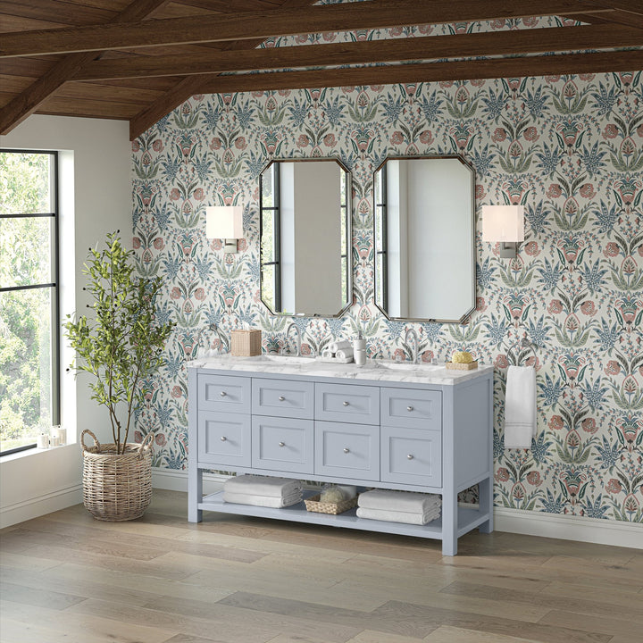 Breckenridge 60" Double Vanity, Serenity Blue, w/ 3 CM Carrara Marble Top