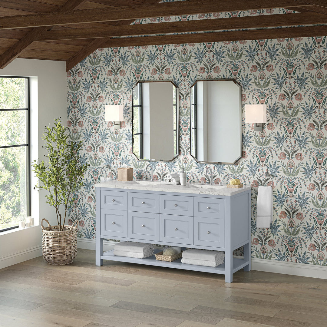 Breckenridge 60" Double Vanity, Serenity Blue, w/ 3 CM Victorian Silver Quartz Top