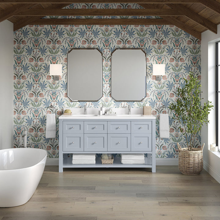 Breckenridge 60" Double Vanity, Serenity Blue, w/ Single Hole 3 CM White Zeus Quartz Top & Backsplash