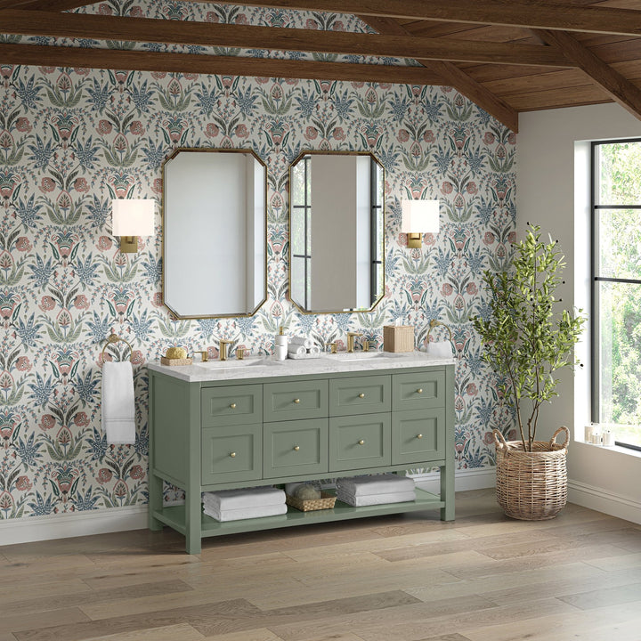 Breckenridge 60" Double Vanity, Smokey Celadon, w/ 3 CM Eternal Jasmine Pearl Quartz Top