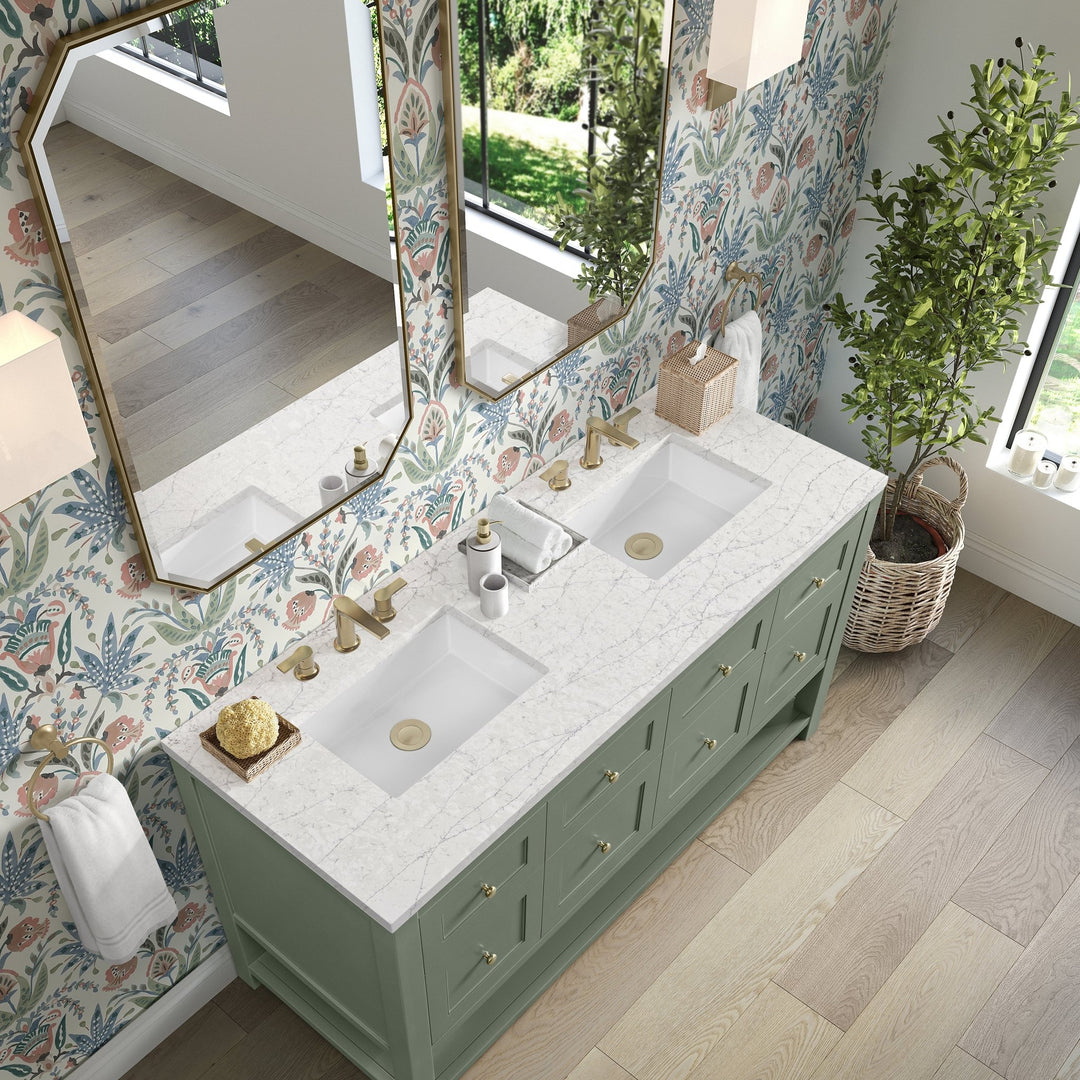 Breckenridge 60" Double Vanity, Smokey Celadon, w/ 3 CM Eternal Jasmine Pearl Quartz Top