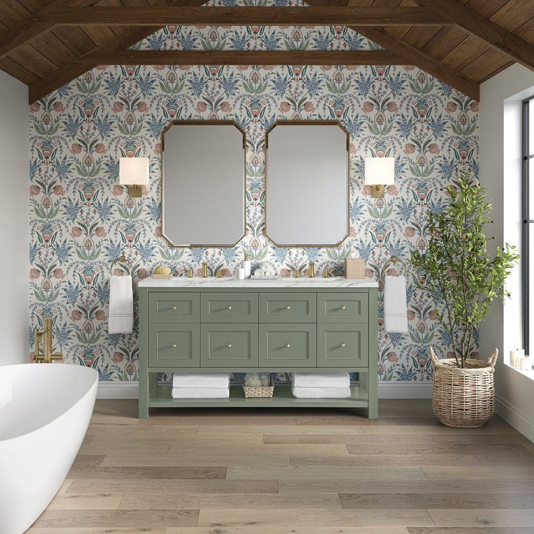 Breckenridge 60" Double Vanity, Smokey Celadon, w/ 3 CM Ethereal Noctis Quartz Top