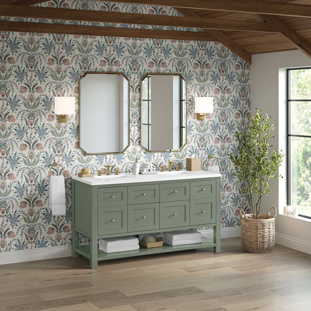 Breckenridge 60" Double Vanity, Smokey Celadon, w/ 3 CM White Zeus Quartz Top