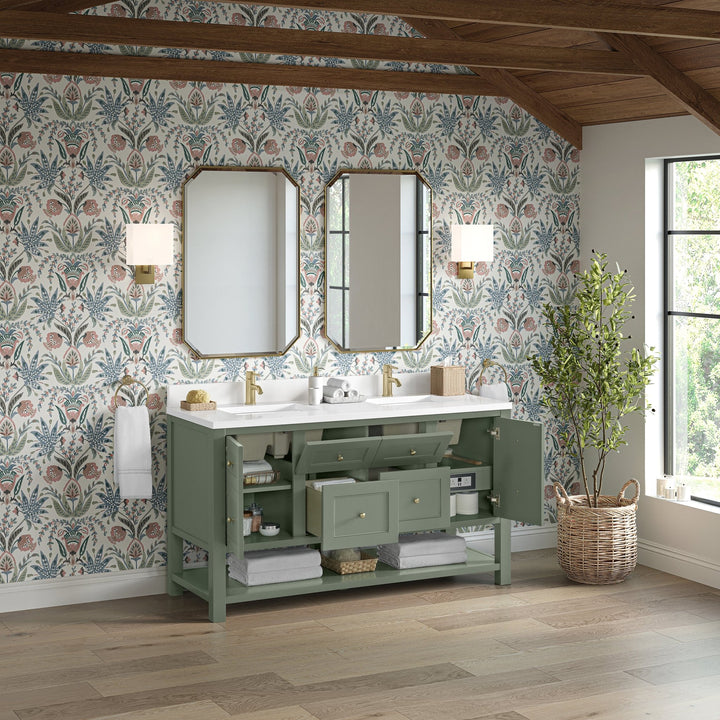 Breckenridge 60" Double Vanity, Smokey Celadon, w/ Single Hole 3 CM White Zeus Quartz Top & Backsplash