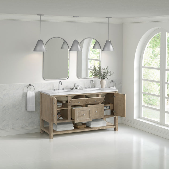 Breckenridge 60" Double Vanity, Whitewashed Oak, w/ 3 CM Arctic Fall Solid Surface Top