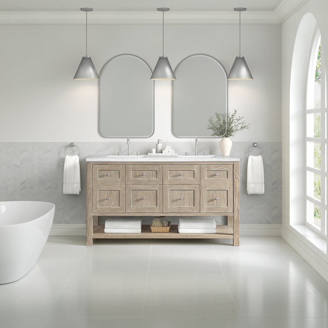 Breckenridge 60" Double Vanity, Whitewashed Oak, w/ 3 CM Arctic Fall Solid Surface Top